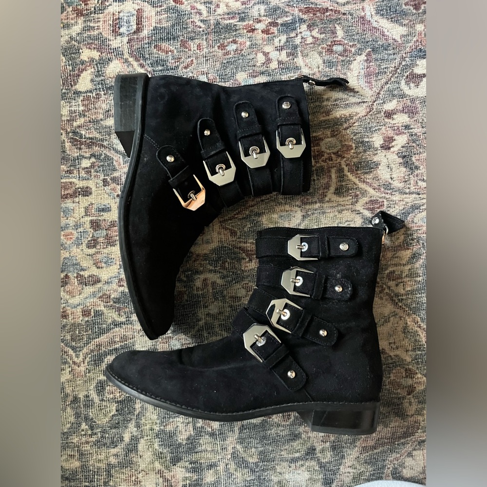 Stuart Weitzman Suede Studded Accents Moto Boots